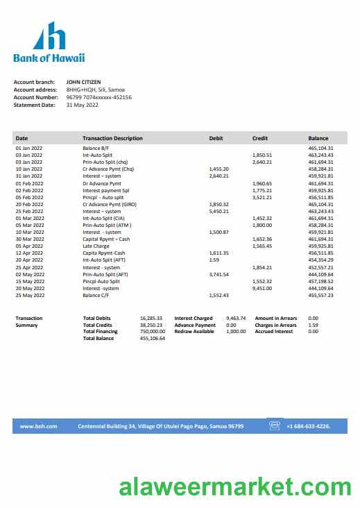 Samoa Bank of Hawaii bank proof of address statement template in Word and PDF format